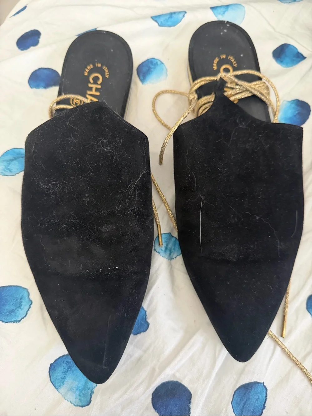 CHANEL Black Suede Pointed Lace-Up Flats (2015 Dubai Collection)